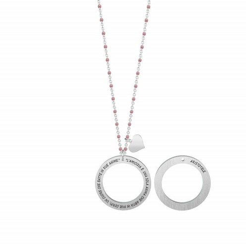 Collana Doppia Kidult Love Lucchetto REF. 751126 - Acciaio Rosa, Catenina Con Perline E Charm Chiave, Lucchetto Smaltato, 45 Cm