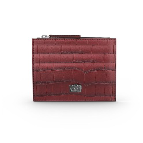 Portacarte Giovanni Raspini Zip Pelle Croco Borgogna - L0030